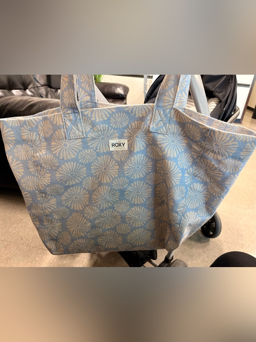 Roxy Light Blue and Cream Floral Canvas Tote